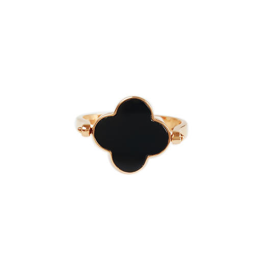 【天然正品】A货翡翠AU750黄金镶天然冰种幸运四叶草可翻转墨翠戒指19号（戒圈可改）女士现售价：3280！130325AH32 商品图0