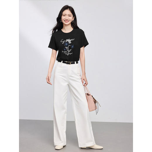 【专属特价】熙世界珠片刺绣正肩T恤女小众设计圆领短袖体恤上衣2025夏装新款 商品图4