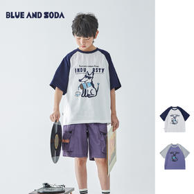 蓝汽水25夏季全棉针织撞色插肩短袖T恤趣味小狗字母印花卡通上衣