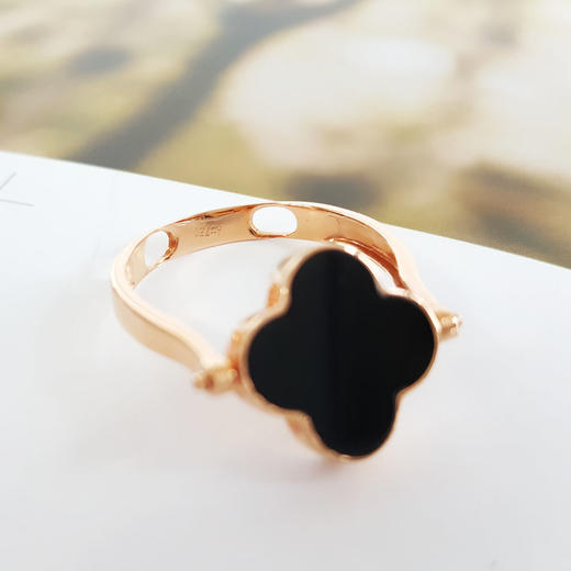 【天然正品】A货翡翠AU750黄金镶天然冰种幸运四叶草可翻转墨翠戒指19号（戒圈可改）女士现售价：3280！130325AH32 商品图6