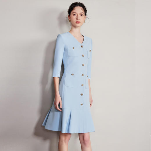 IWY/气质V领蓝色连衣裙女士职业装西服裙新款单排扣荷叶边裙子Q1269 商品图2