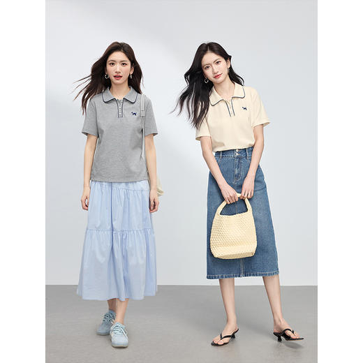 【专属特价】熙世界休闲通勤Polo衫女短袖2025夏新款小猫刺绣气质翻领T恤上衣 商品图1