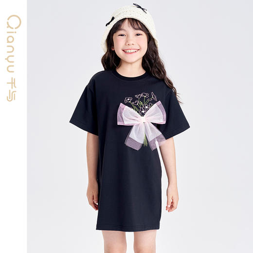 笛莎千与2025夏季新款女童时尚休闲蝴蝶结短袖针织连衣裙 商品图3