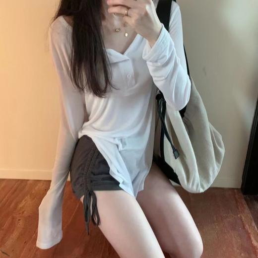 【夏季爆款遮阳防晒衫】V领垂坠感上衣 纯欲风辣妹百搭显瘦修身长袖T恤  商品图5