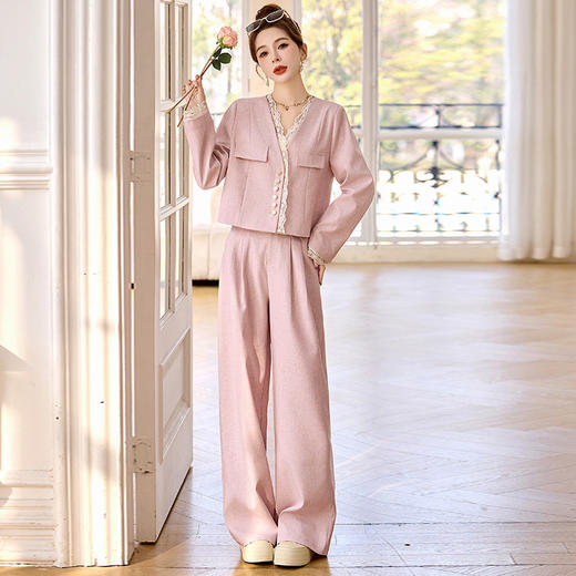休闲时尚蕾丝花边拼接套装2025开春新款气质穿搭阔腿裤两件套WQE66619AQHUI 商品图2