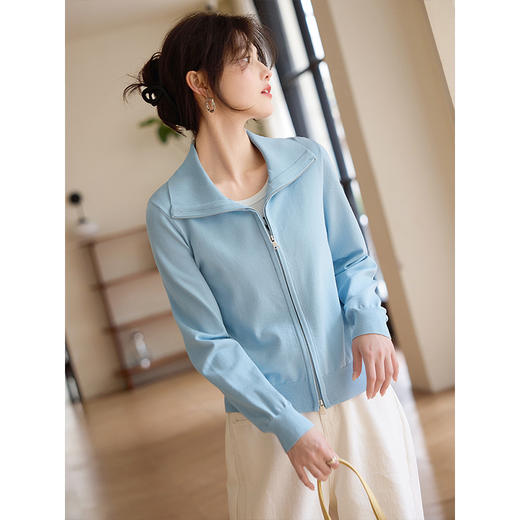 【专属特价】熙世界薄荷蓝双拉链翻领针织衫女设计感休闲开衫外套2025春装新款 商品图3