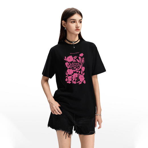 IDEVERRAY夏季新款玫瑰花字母印花纯棉圆领情侣短袖t恤休闲上衣21MSL-ID25SSFAT001 商品图1