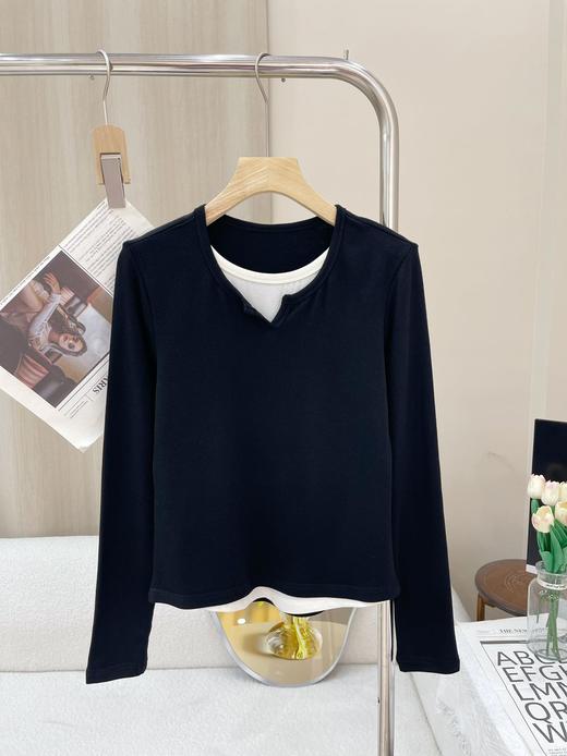 严选 | 青岛即墨自有工厂 小v领拼接假两件长袖 黑色/咖啡色/石墨灰 M-XL 简约撞色 时尚百搭 商品图3