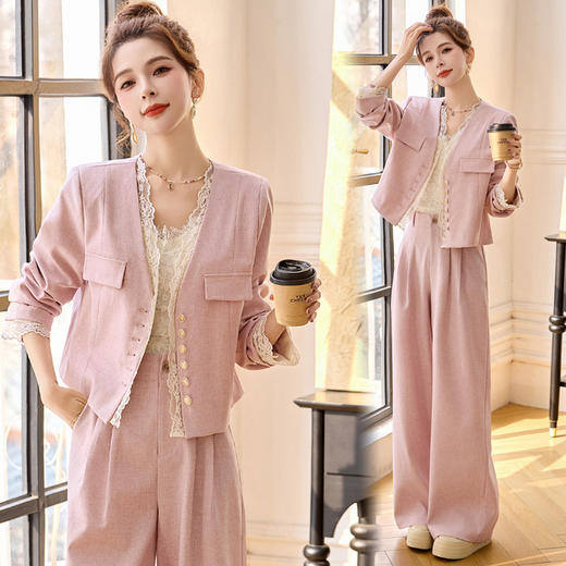 休闲时尚蕾丝花边拼接套装2025开春新款气质穿搭阔腿裤两件套WQE66619AQHUI 商品图0