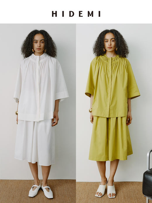 HIDEMI【当当同款】 浅春系甄选长绒棉极简设计感花苞压褶圆领廓形衬衫裙裤套装 白色/有机青柠绿  衬衫/裙裤 商品图0