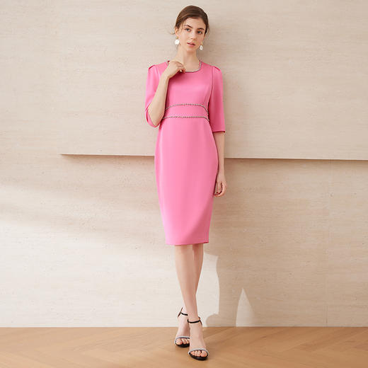EITIE爱特爱春季新款方领气质优雅钉珠收腰显瘦礼服连衣裙7777413 商品图6