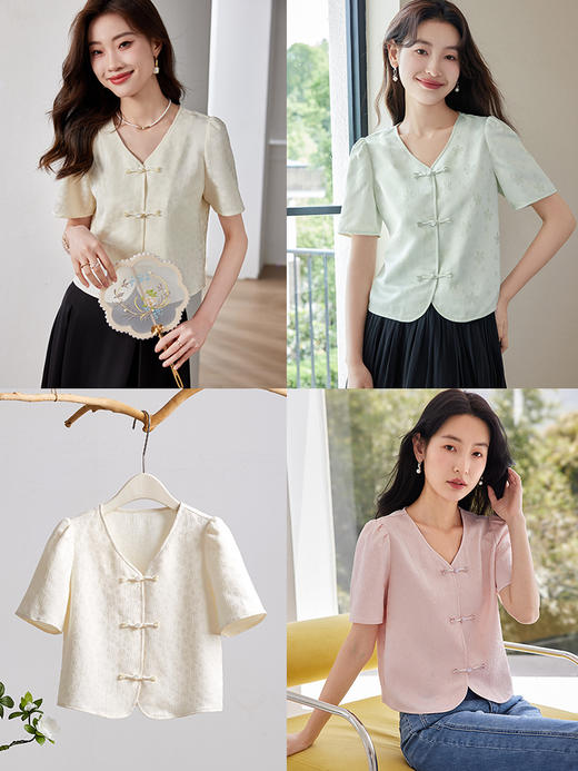 【专属特价】熙世界新中式盘扣雪纺衬衫女高级感复古国风V领上衣2025夏季新款 商品图1