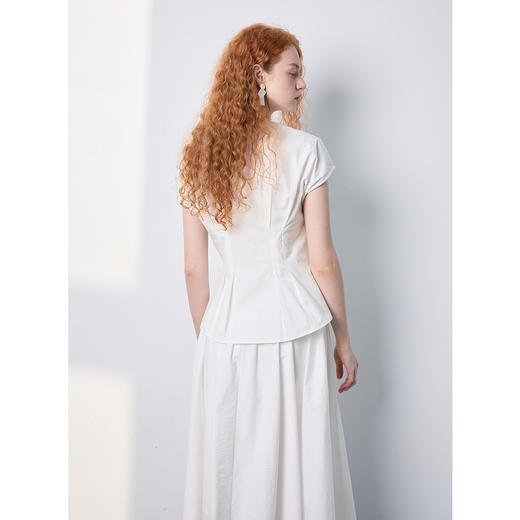 三彩2025夏季新款法式收腰V领衬衫小衫府绸美棉衬衣气质简约S 商品图3