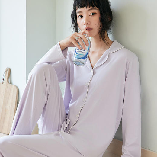 【蚕养系列】春夏纽扣翻领长袖睡衣套装 含桑蚕丝纯色外穿家居服女 商品图2
