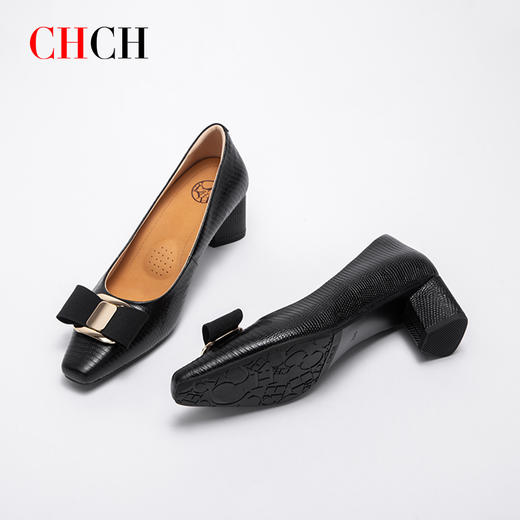 2025春夏CHCH平衡鞋新品牛皮压纹蝴蝶结女单鞋粗跟女鞋CP1B5061 商品图2