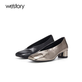 westory春秋法式粗跟浅口方头单鞋小众复古时尚女鞋W23CM73701