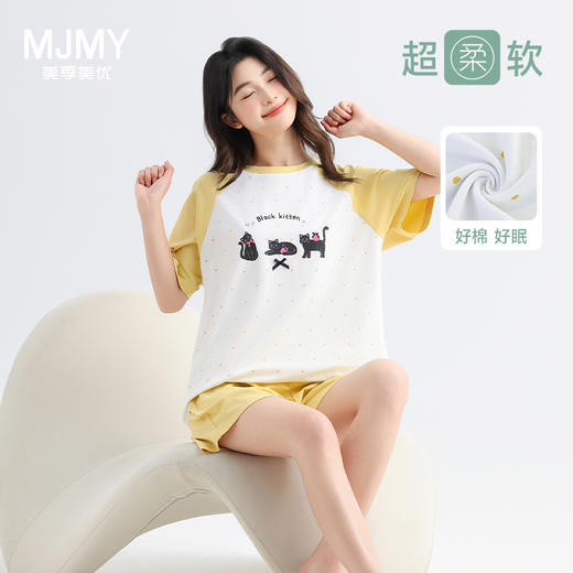 美季美优纯棉睡衣女士款2025新款夏季可爱清新猫咪短袖套装家居服 商品图0