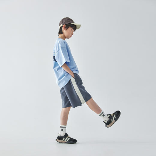 蓝汽水2025新款撞色拼接五分裤夏季亲子款慵懒风平纹肌理针织短裤 商品图3