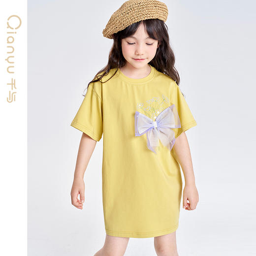 笛莎千与2025夏季新款女童时尚休闲蝴蝶结短袖针织连衣裙 商品图2