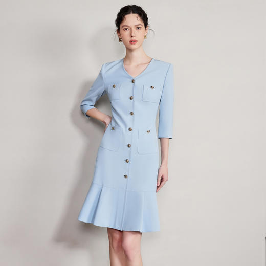IWY/气质V领蓝色连衣裙女士职业装西服裙新款单排扣荷叶边裙子Q1269 商品图1