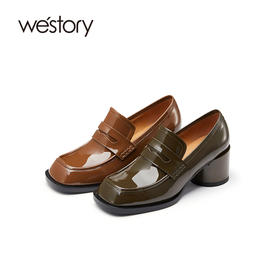westory春秋季亮面纯色通勤粗高跟方头真皮乐福单鞋女71901