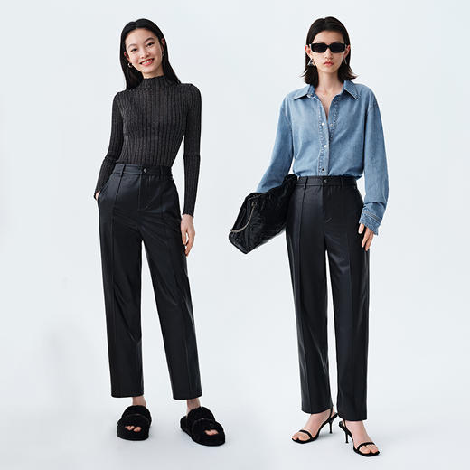 simplepiece休闲裤女PU皮质挺缝直筒裤 商品图3