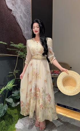 SZ1S60_如梦令色_连衣裙_春夏_分袖收腰大摆优雅气质通勤_高级女装_BERNIEELEN 伯妮斯茵