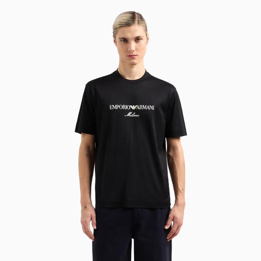 EMPORIO ARMANI 阿玛尼 男士刺绣徽标平纹莱赛尔混纺圆领短袖T恤 黑色 EM001033 AF10017 MC169 商品图1