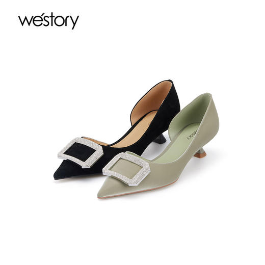 westory2024年春季新款晚风温柔细高跟尖头镶钻饰扣优雅气质女鞋W24AH56611 商品图0