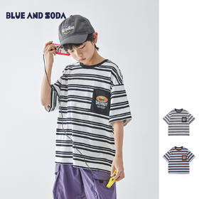 蓝汽水2025新款双纱条纹短袖T恤春夏口袋彩色趣味印花亲子款上衣