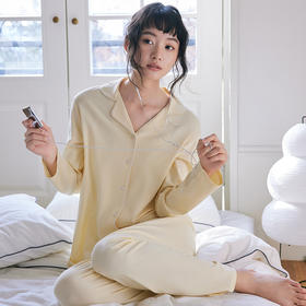 【蚕养系列】春夏纽扣翻领长袖睡衣套装 含桑蚕丝纯色外穿家居服女
