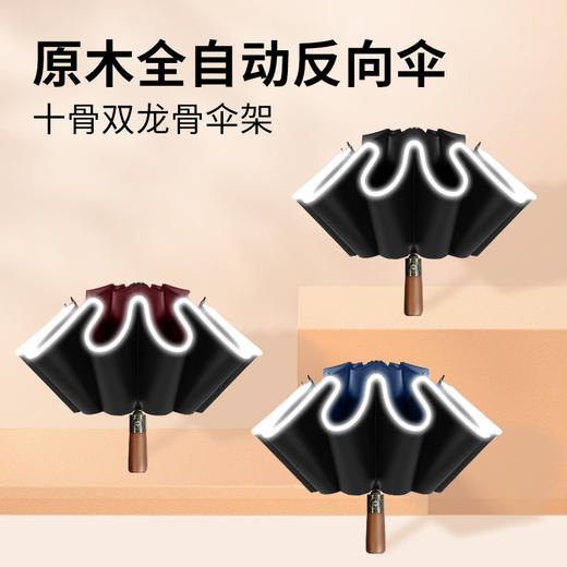 「全自动！原木手柄」三折反向伞加固安全反光条黑胶晴雨伞双龙骨居家日用结实抗风折叠伞 商品图1