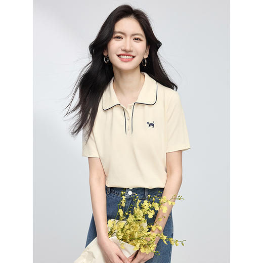 【专属特价】熙世界休闲通勤Polo衫女短袖2025夏新款小猫刺绣气质翻领T恤上衣 商品图3