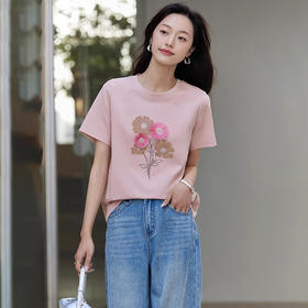 夏季绣花T恤女短袖正肩休闲宽松舒适时尚印花上衣   SQ561