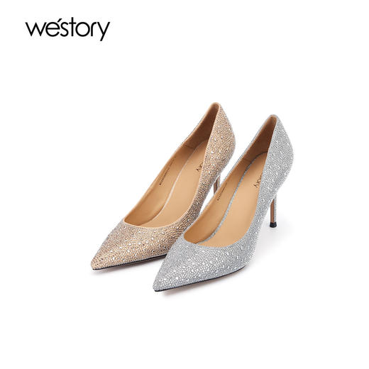westory2024春季新款立体小圆尖头水钻细跟高跟鞋水晶婚鞋W24AE56891 商品图0