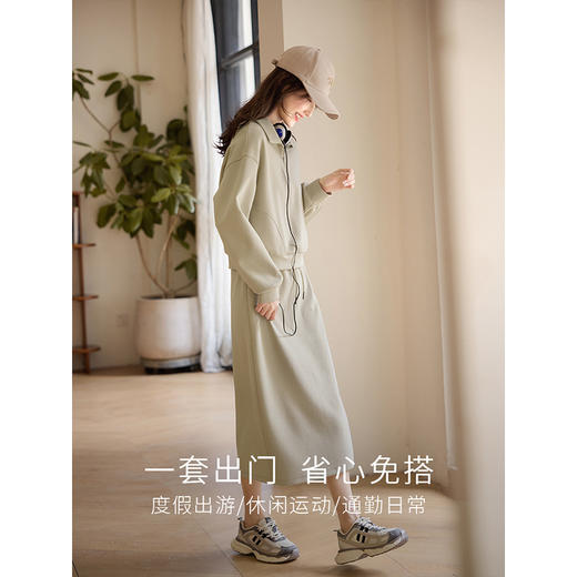 【春夏新品】熙世界绿色通勤卫衣套装女2025春秋新款休闲翻领上衣半身裙两件套 商品图2