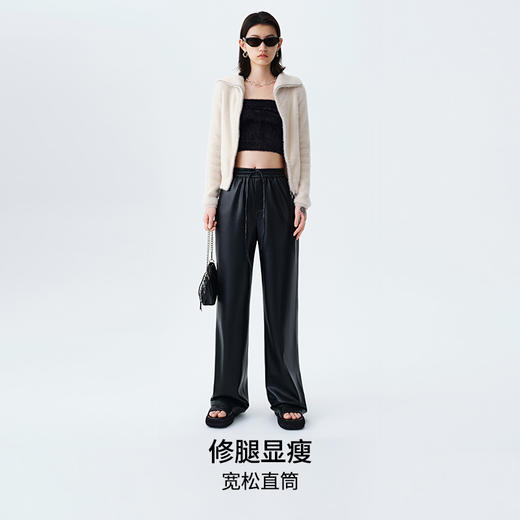 【素皮直筒拖地裤】simplepieces冬季SPS新PU皮抽绳宽松休闲裤女 商品图2