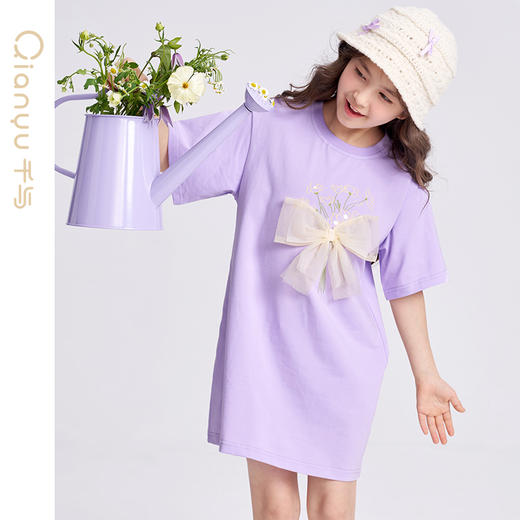 笛莎千与2025夏季新款女童时尚休闲蝴蝶结短袖针织连衣裙 商品图1