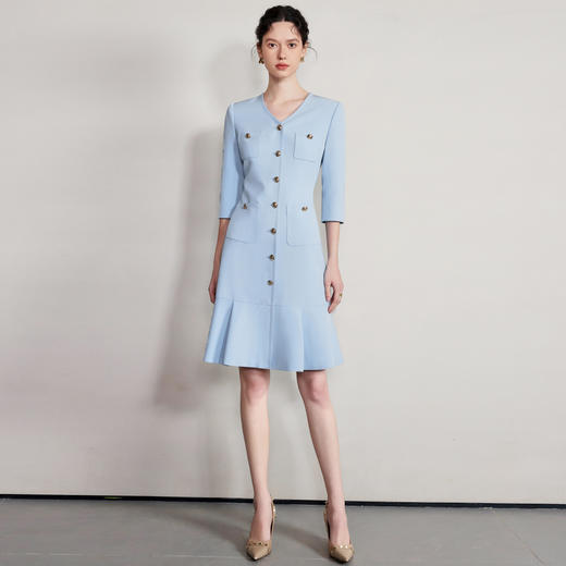 IWY/气质V领蓝色连衣裙女士职业装西服裙新款单排扣荷叶边裙子Q1269 商品图0