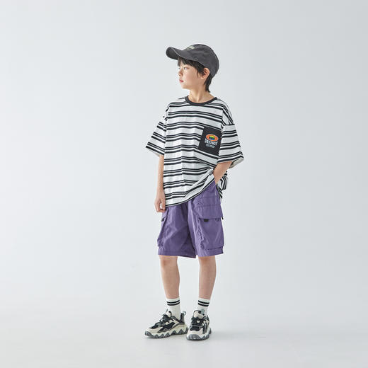 蓝汽水2025新款双纱条纹短袖T恤春夏口袋彩色趣味印花亲子款上衣 商品图1