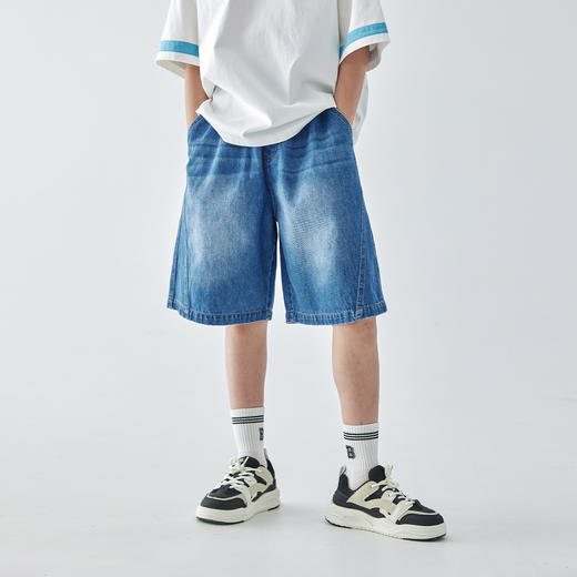 蓝汽水2025夏季水洗磨白牛仔五分裤轻复古感侧缝插片拼接休闲短裤 商品图2