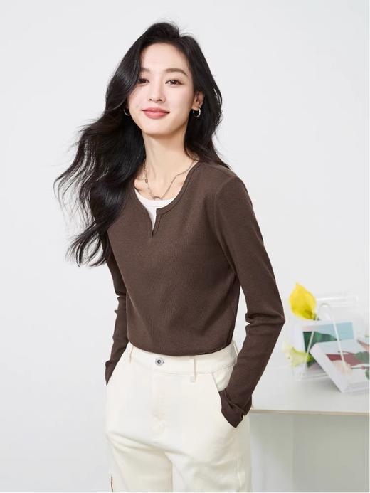 严选 | 青岛即墨自有工厂 小v领拼接假两件长袖 黑色/咖啡色/石墨灰 M-XL 简约撞色 时尚百搭 商品图0