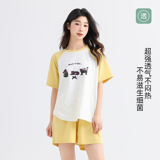 美季美优纯棉睡衣女士款2025新款夏季可爱清新猫咪短袖套装家居服 商品图2