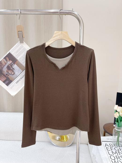 严选 | 青岛即墨自有工厂 小v领拼接假两件长袖 黑色/咖啡色/石墨灰 M-XL 简约撞色 时尚百搭 商品图2