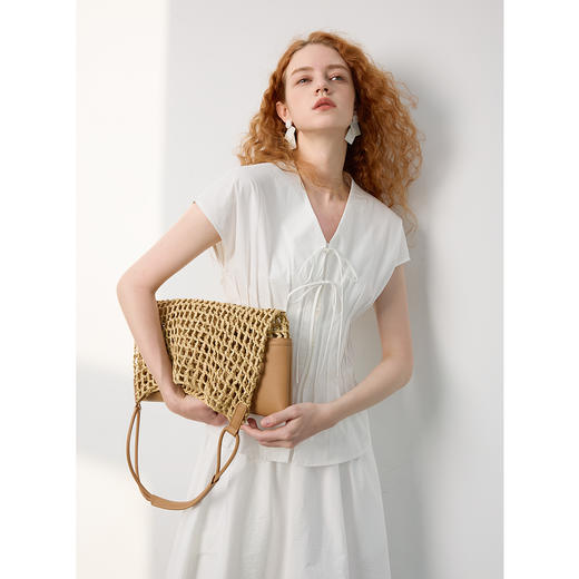 三彩2025夏季新款法式收腰V领衬衫小衫府绸美棉衬衣气质简约S 商品图1