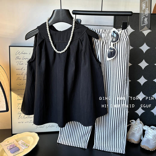 【甜美纯色裙裤套装】儿童裙裤套装女宝宝背心吊带裙直筒裤夏装女童纯色半身裙条纹裤子 商品图5