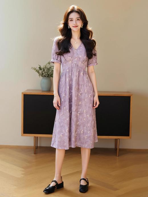 奢姿2025法式V领温柔风连衣裙女夏大码显瘦遮肚子雪纺裙气质长裙9932828184 商品图2