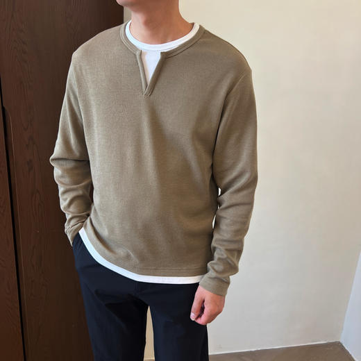 家属福利！2025定织定纺棉华夫格宽松落肩V领撞边假两件卫衣男款！ 商品图2