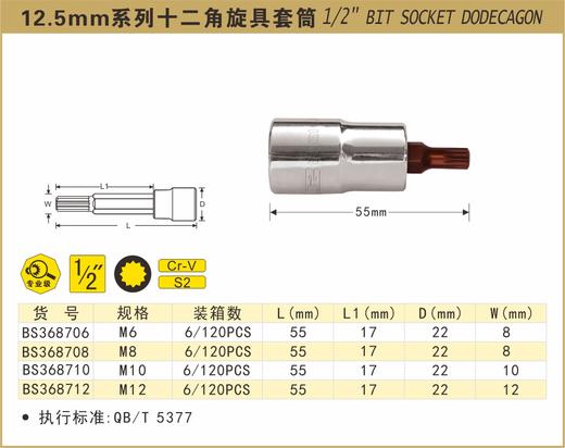波斯   12.5mm系列十二角旋具套筒M12  长55mm      BS368712 商品图0