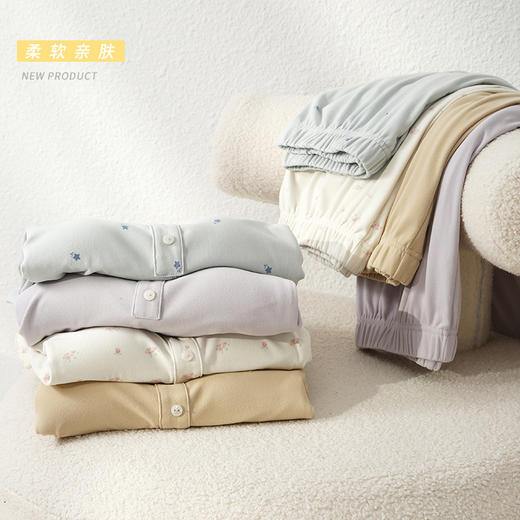 【免穿文胸】春款绵绵纽扣家居服女纯色长袖带胸垫套装舒适印花软糯微弹睡衣 居家无束缚~ 商品图2